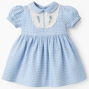 Blue Gingham Dress With Embroidered Bib